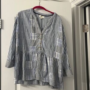Anthropologie Maeve Patchwork Striped Swing V Neck Top Size M  Fits like L